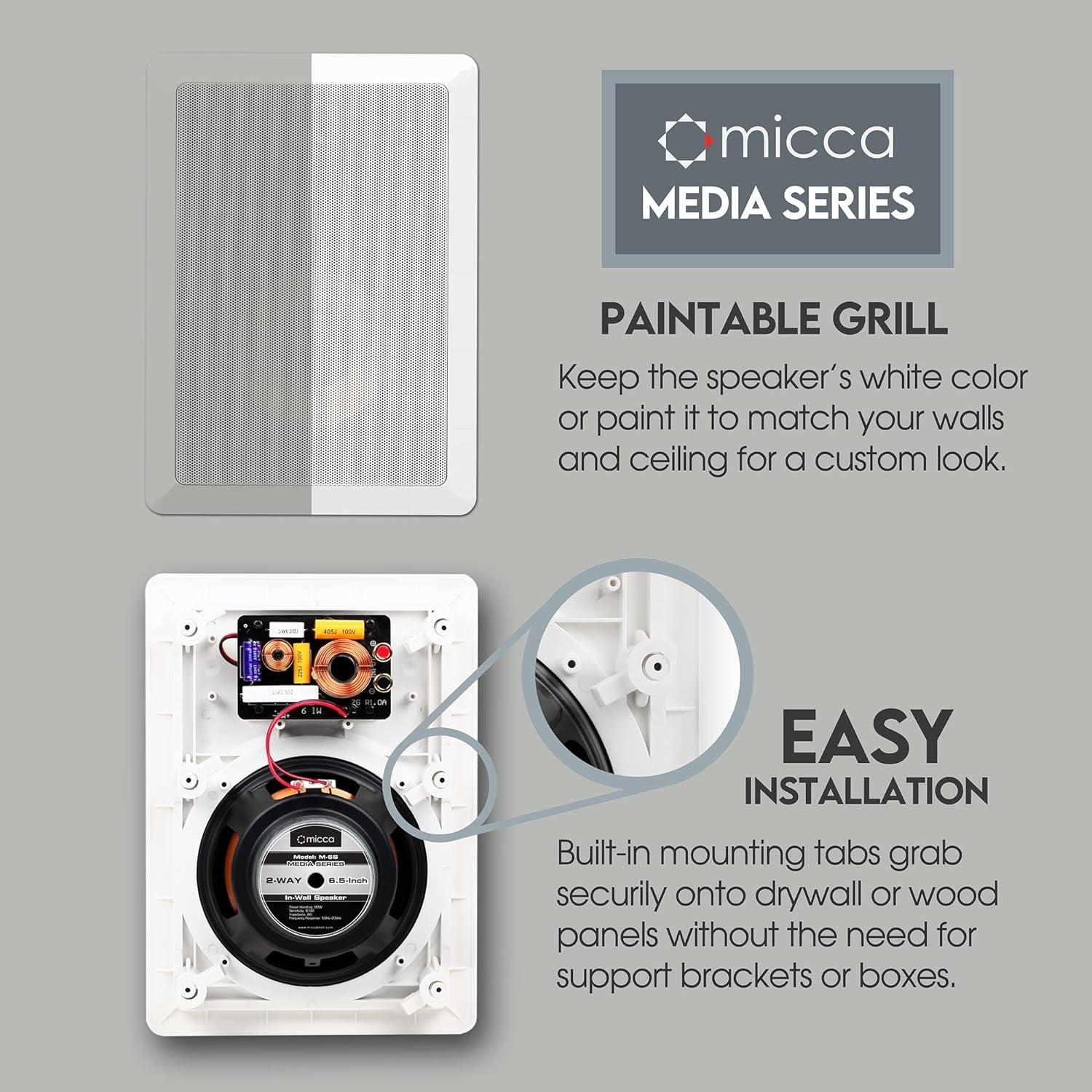 M-6S 6.5 Inch 2-Way In-Wall Speaker for Home Theater, Whole House Audio, Indoor or Covered Outdoor Areas, 6.5" Poly Woofer, 1" Pivoting Silk Tweeter, White, Paintable, Each