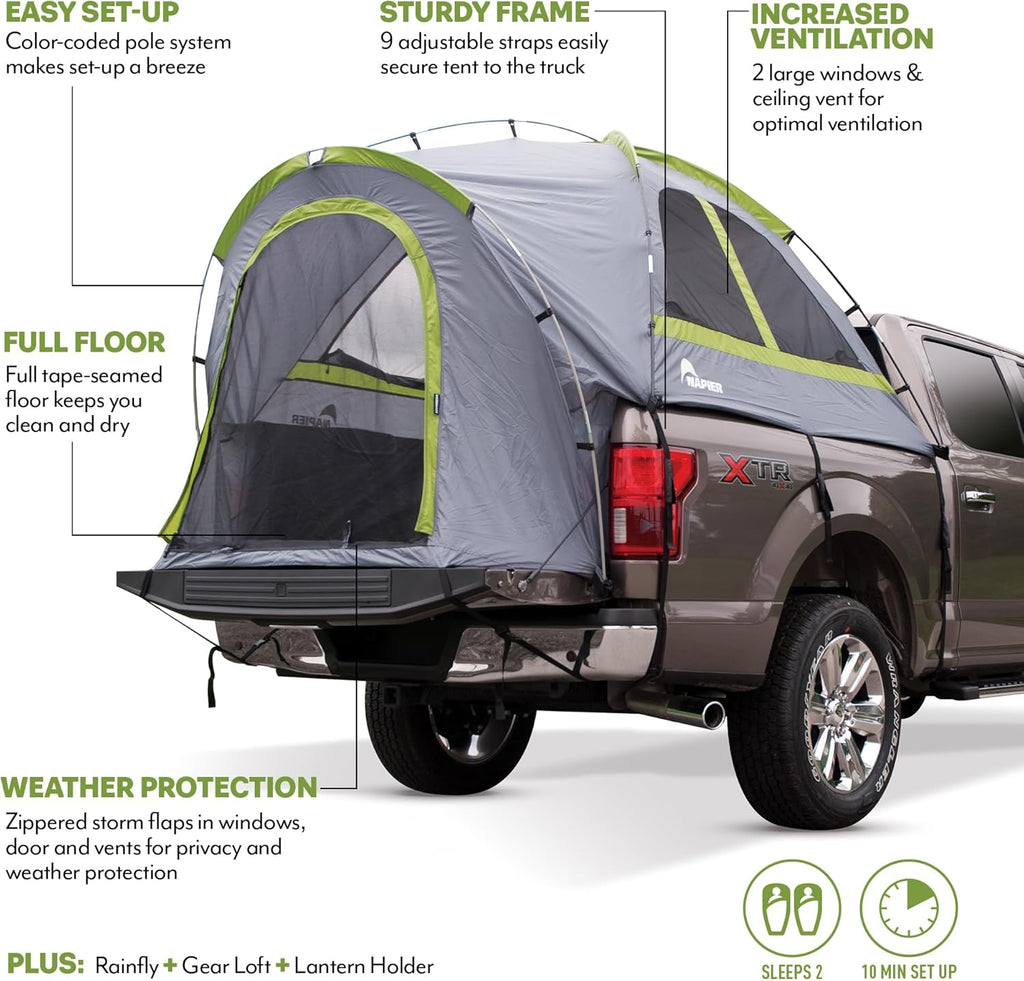 Backroadz Truck Tent | Pickup Truck Bed Camping Tent | Rainfly for Water Protection | Sturdy and Spacious 2-Person Truck Tent | Easy 10-Minute Setup | Gray/Green