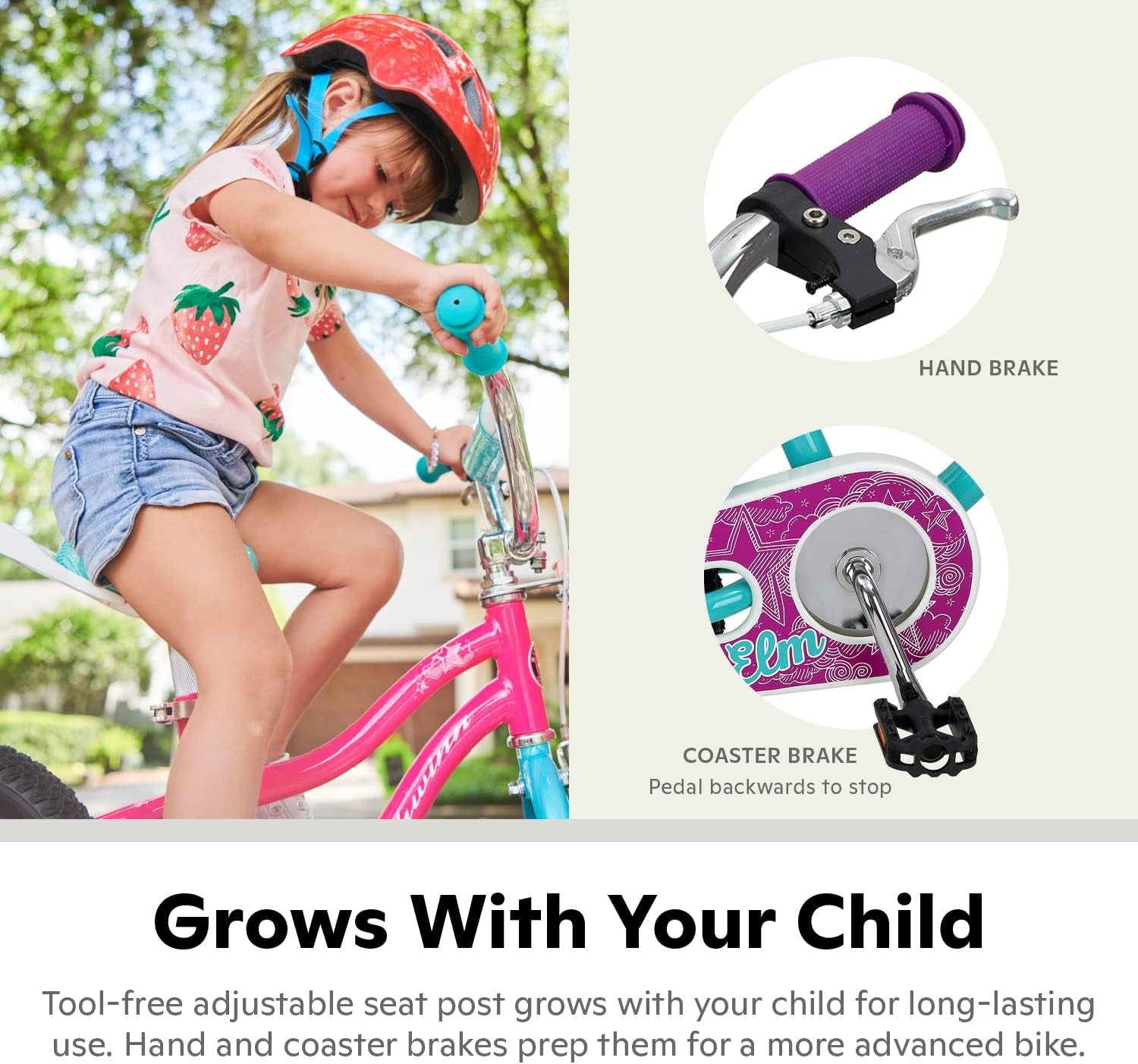 Elm Bike, 12 Inch Bike for Kids Ages 2-4, Smartstart Ergonomic Design for Kids, Adjustable Seat Grows with Your Child, Rear Coaster Brake and Front Caliper Brake, Training Bicycle