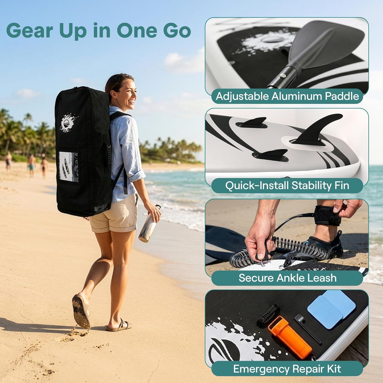 Inflatable Stand up Paddle Board - Wide Stable Design, Non-Slip Deck for Adults & Youth with Premium Paddle Board Accessories: Carry Bag, Dual Action Pump, Paddle, Ankle Leash
